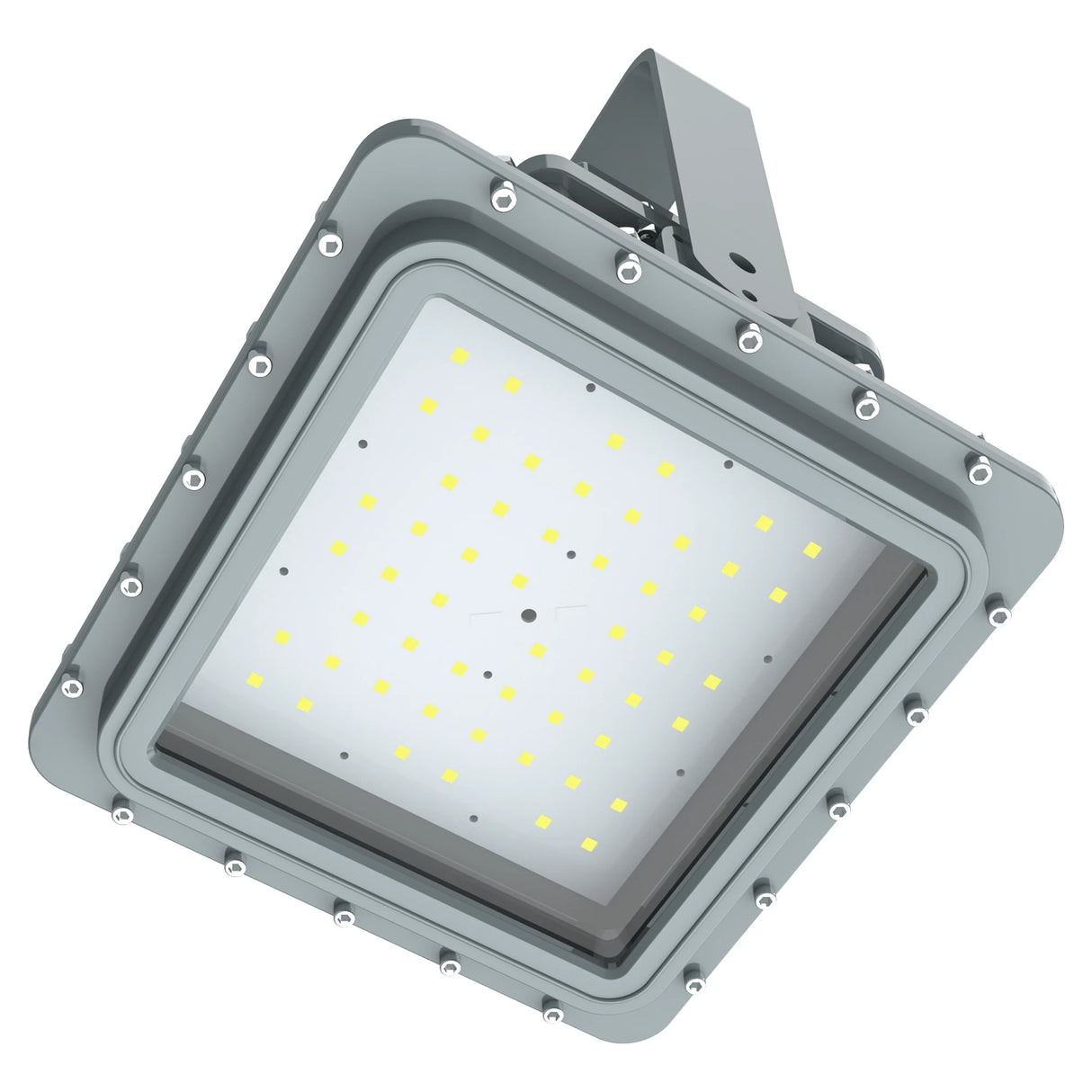 Rear view of 80W C1D1 explosion proof LED light, highlighting the advanced aluminum radiator and adjustable bracket.