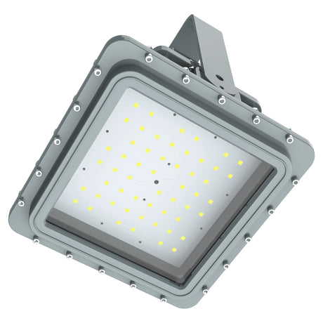Rear view of 80W C1D1 explosion proof LED light, highlighting the advanced aluminum radiator and adjustable bracket.