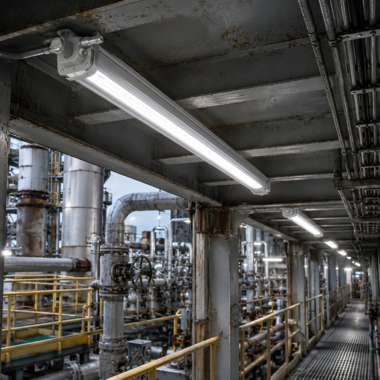 C1D2 1x4 LED explosion proof linear light illuminating an industrial refinery catwalk