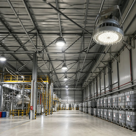 Industrial facility illuminated by 200W C1D2 explosion proof LED high bay lights, 28,000lm for enhanced site safety.