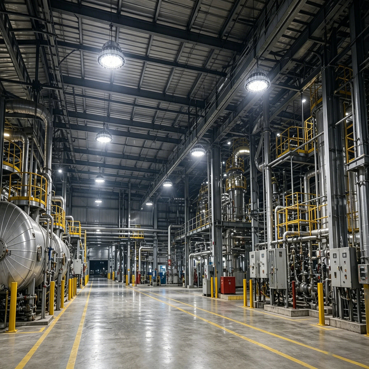 Industrial facility illuminated by 200W C1D2 explosion proof LED high bay lights, 28,000lm for enhanced site safety.