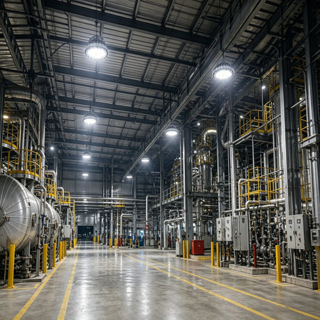 Industrial facility illuminated by 200W C1D2 explosion proof LED high bay lights, 28,000lm for enhanced site safety.