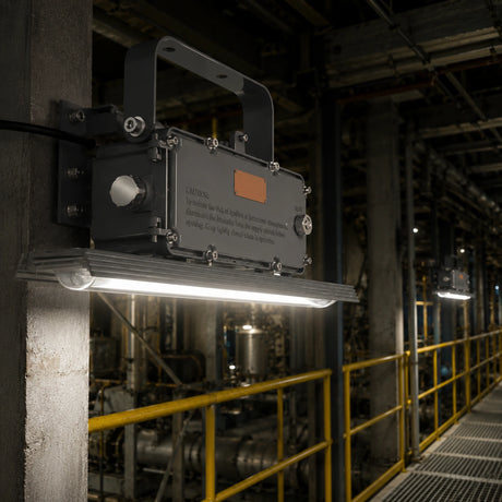 C1D2 LED explosion proof linear fixture illuminating an industrial plant walkway