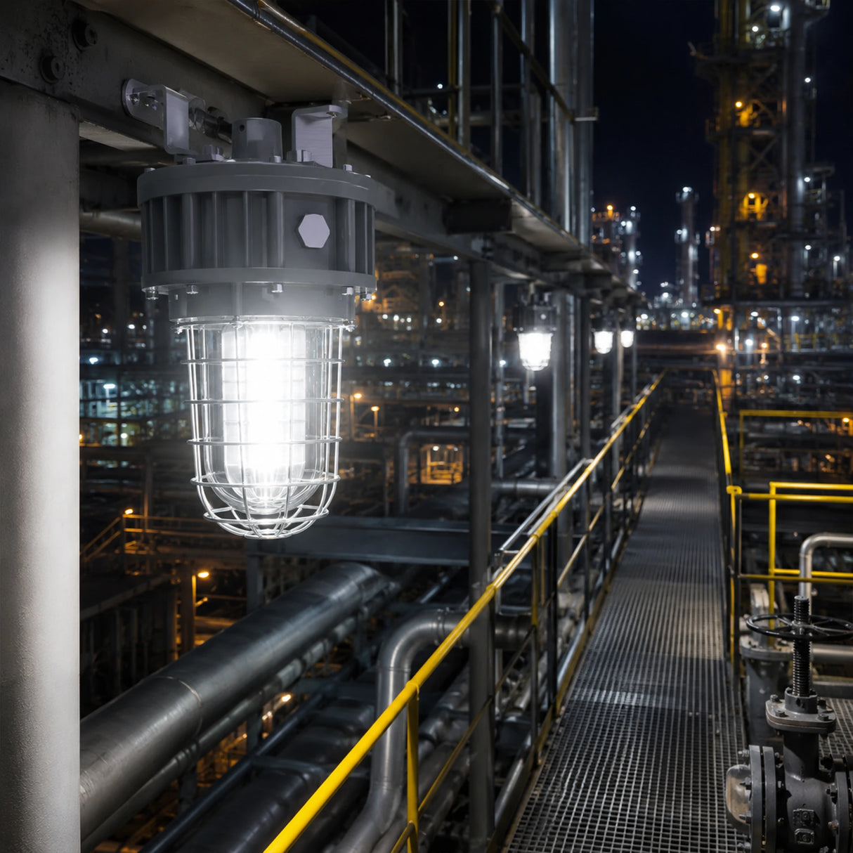 C1D2 LED explosion proof jelly jar light illuminating a refinery walkway at night
