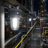 C1D2 LED explosion proof jelly jar light illuminating a refinery walkway at night