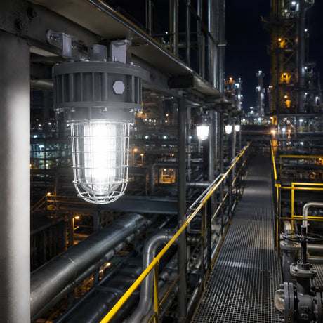 C1D2 LED explosion proof jelly jar light illuminating a refinery walkway at night