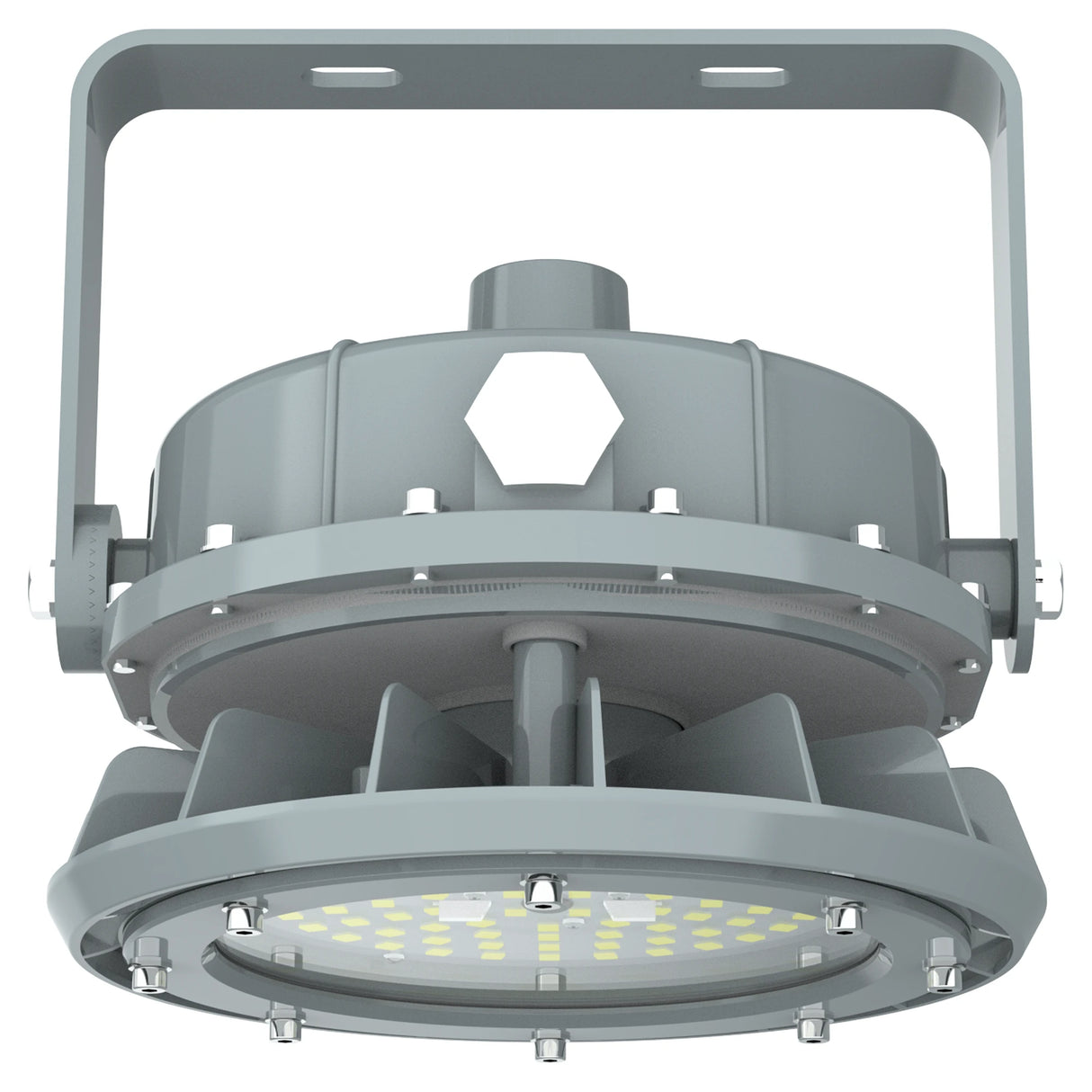 Bottom view of 60W C1D2 LED explosion proof high bay showing the high-performance lens and 8,400lm output.