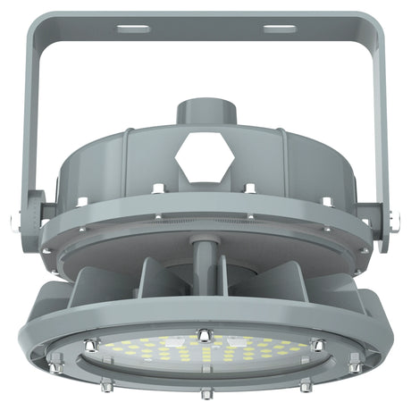 Bottom view of 60W C1D2 LED explosion proof high bay showing the high-performance lens and 8,400lm output.