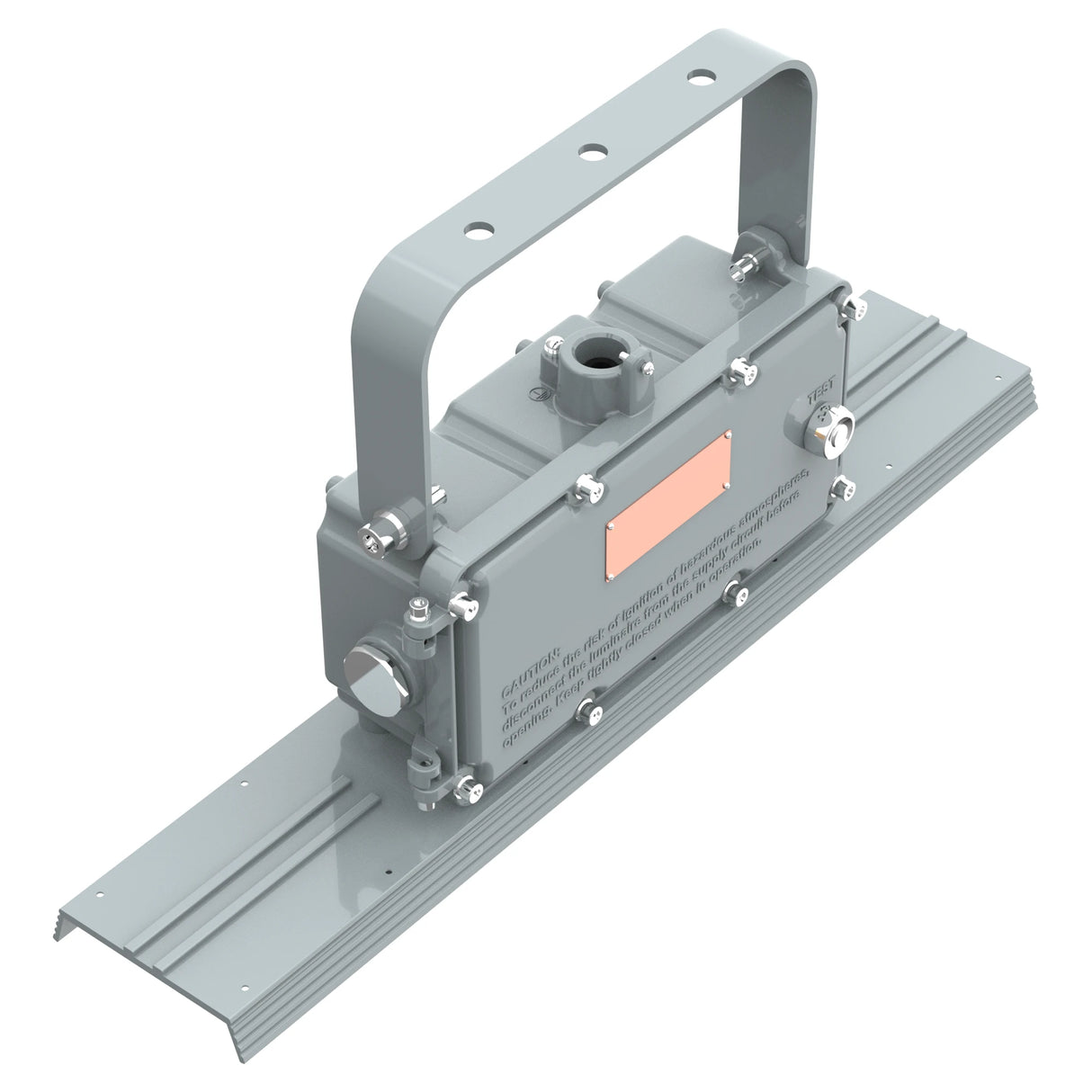 Rugged end cap and sealed housing of 40W 2ft C1D2 linear explosion proof high bay, 0-10V dimmable for industrial use.