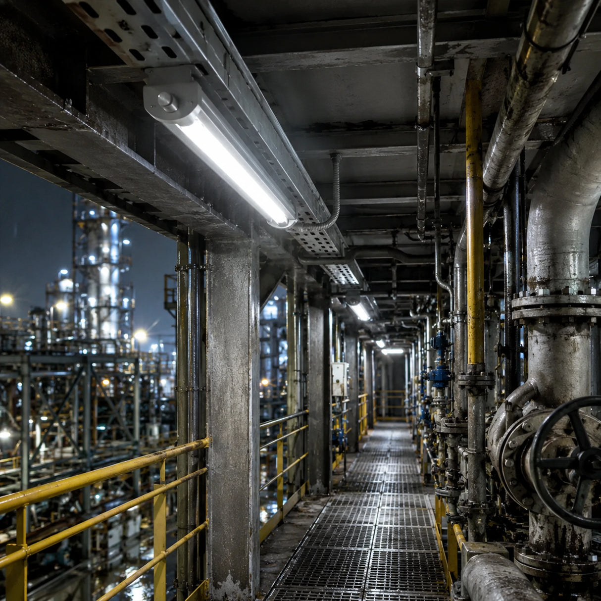C1D2 linear LED explosion proof light illuminating a refinery catwalk with pipes at night