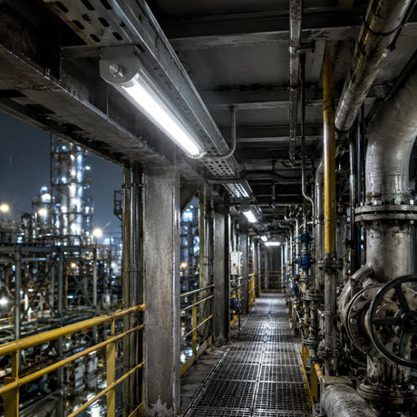 C1D2 linear LED explosion proof light illuminating a refinery catwalk with pipes at night