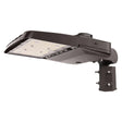 Dark bronze LED area light with adjustable mounting arm and rectangular lens for outdoor parking lots
