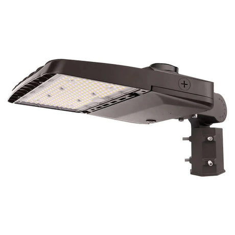 Dark bronze LED area light with adjustable mounting arm and rectangular lens for outdoor parking lots