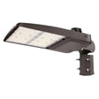 Dark bronze LED area light with flat rectangular lens and adjustable pole mount for outdoor roadway lighting