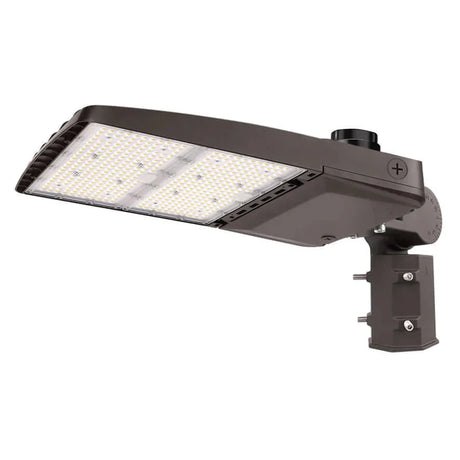 Dark bronze LED area light with flat rectangular lens and adjustable pole mount for outdoor roadway lighting