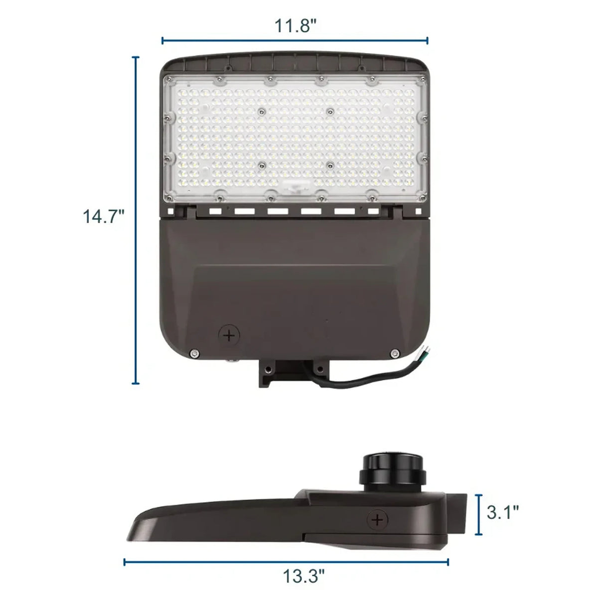 Dark bronze LED area light shown front and side with dimensions for parking lot and roadway lighting
