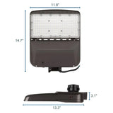 Dark bronze LED area light shown front and side with dimensions for parking lot and roadway lighting