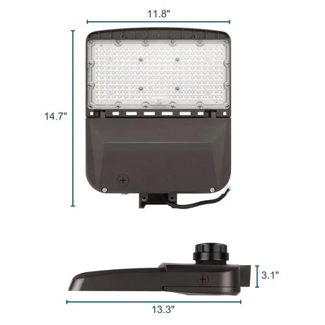 Dark bronze LED area light shown front and side with dimensions for parking lot and roadway lighting