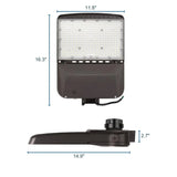 Dark bronze LED area light with selectable head and listed dimensions, shown front and side views
