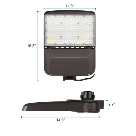 Dark bronze LED area light with selectable head and listed dimensions, shown front and side views