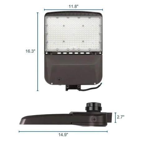 Dark bronze LED area light with selectable wattage, shown with front and side dimensions for outdoor parking lot ligh...
