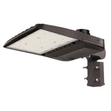 Dark bronze LED area light with selectable wattage, shown with mounting arm and full lens panel