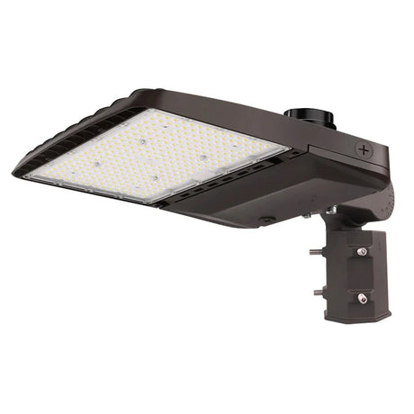 Dark bronze LED area light with selectable wattage, shown with mounting arm and full lens panel
