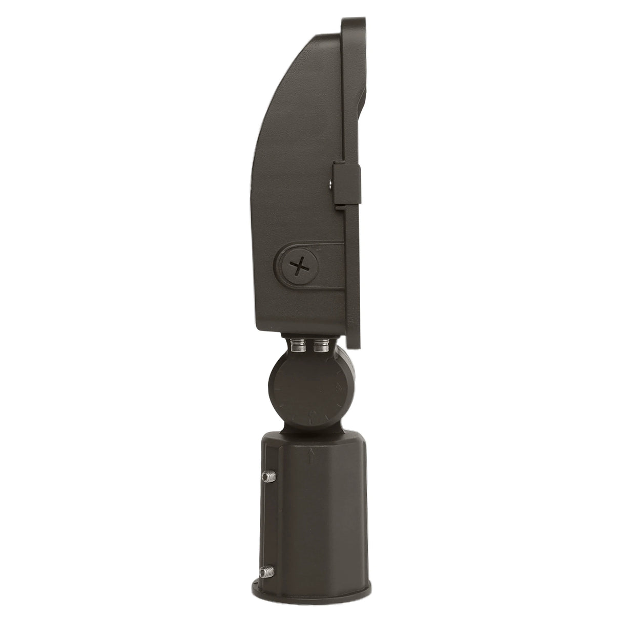 Side view of a dark bronze LED flood light with slipfitter mount for outdoor security lighting