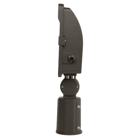 Side view of a dark bronze LED flood light with slipfitter mount and adjustable housing