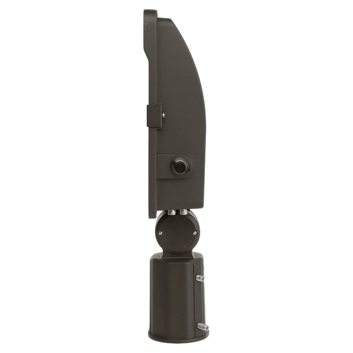 Dark bronze slipfitter mount for a selectable LED flood light, shown in side view