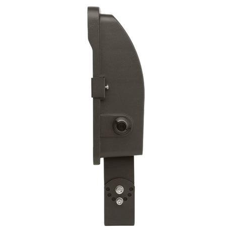 Dark bronze trunnion mount for a commercial LED flood light, side view on white background