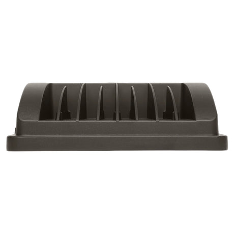 dark gray led flood light housing with integrated heat sink fins on a white background