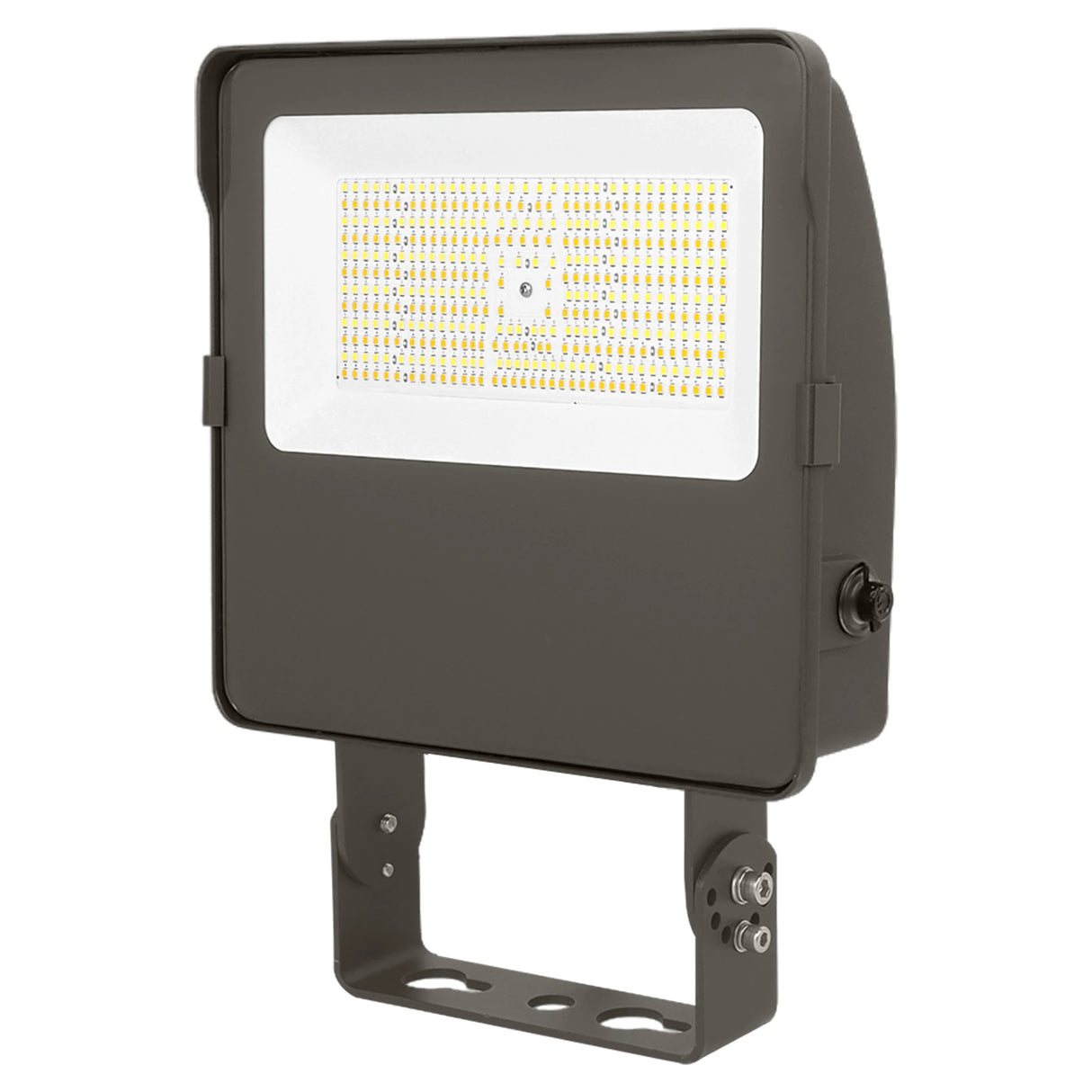 Dark gray LED flood light with trunnion mount and rectangular LED array for outdoor commercial lighting