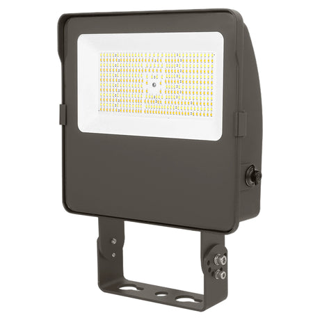 Dark gray LED flood light with trunnion mount and rectangular LED array for outdoor commercial lighting