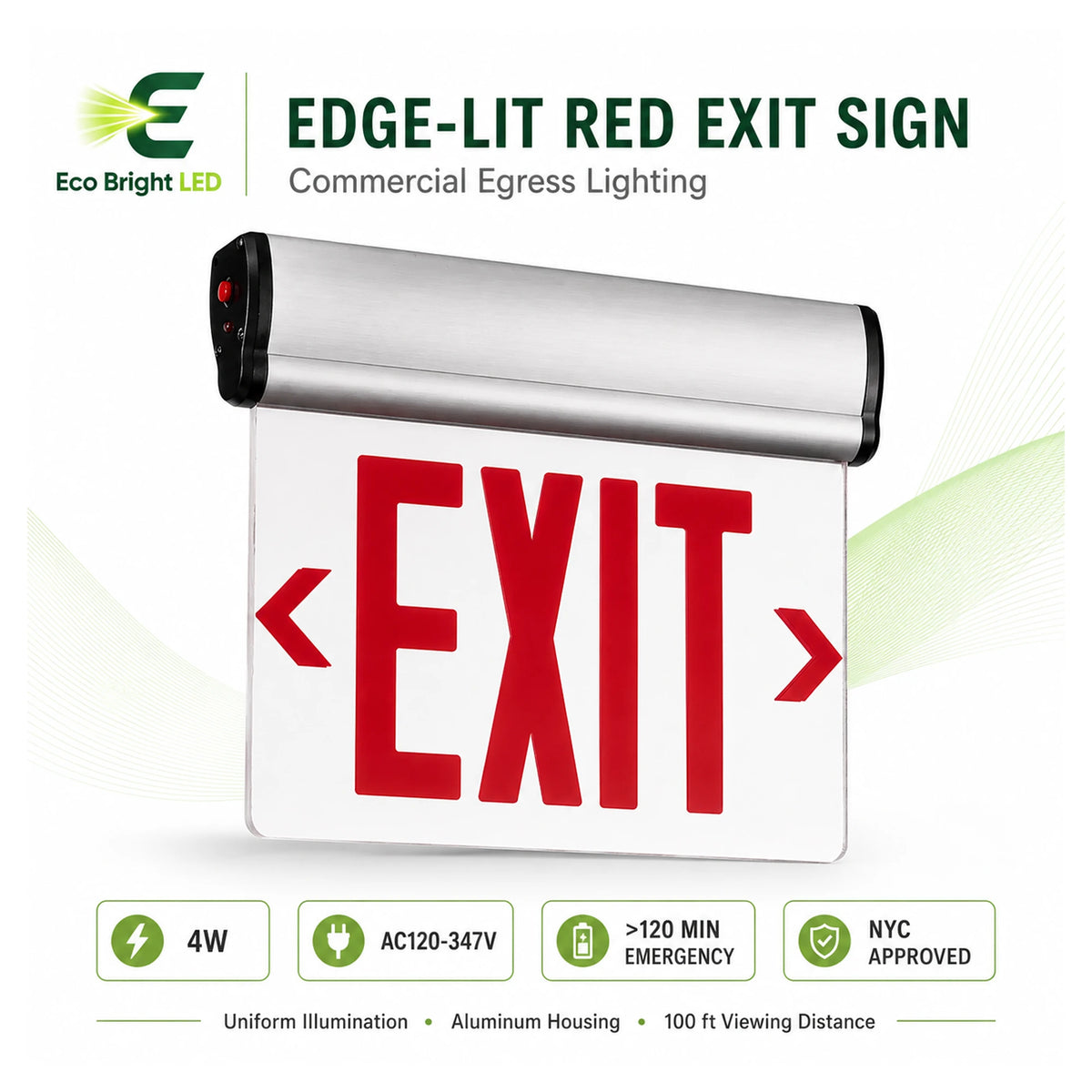 4W Edge-Lit Red Exit Sign for Commercial product overview with key specifications for commercial lighting applications.
