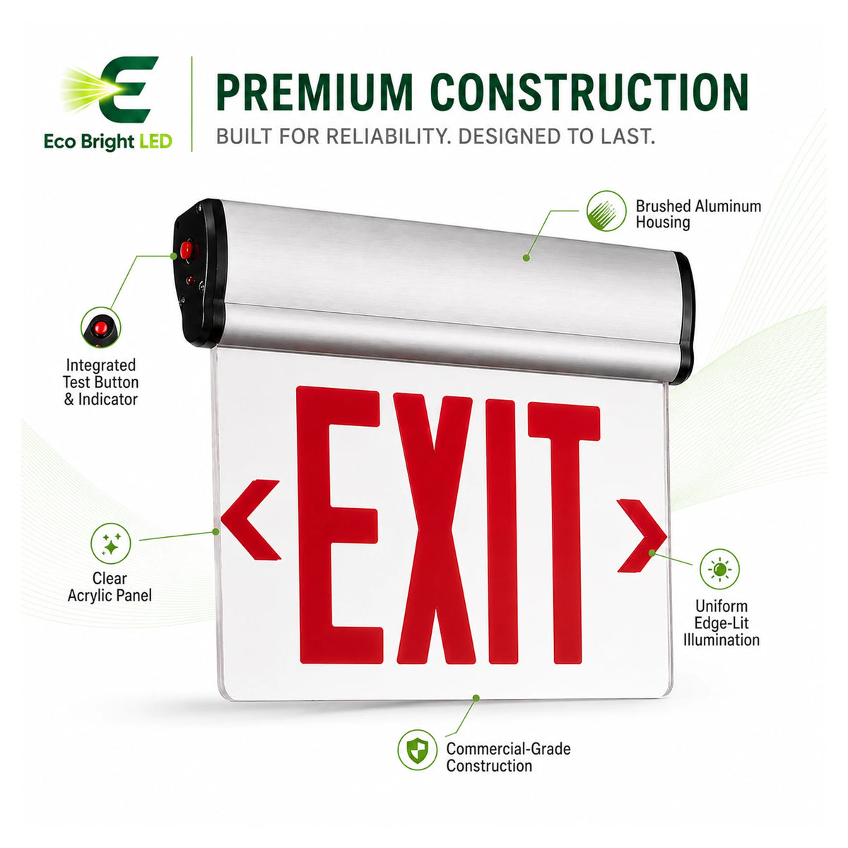 Dimensions and specifications for 4W Edge-Lit Red Exit Sign for Commercial, including measurements and performance data.