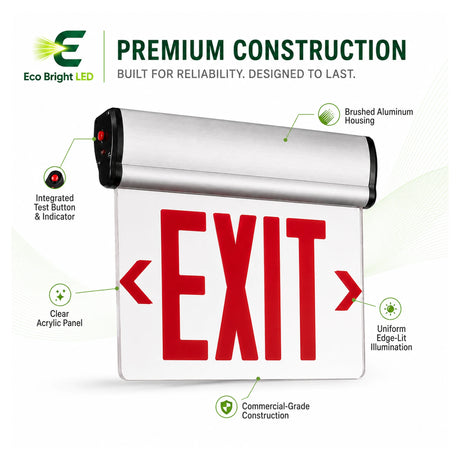 Dimensions and specifications for 4W Edge-Lit Red Exit Sign for Commercial, including measurements and performance data.