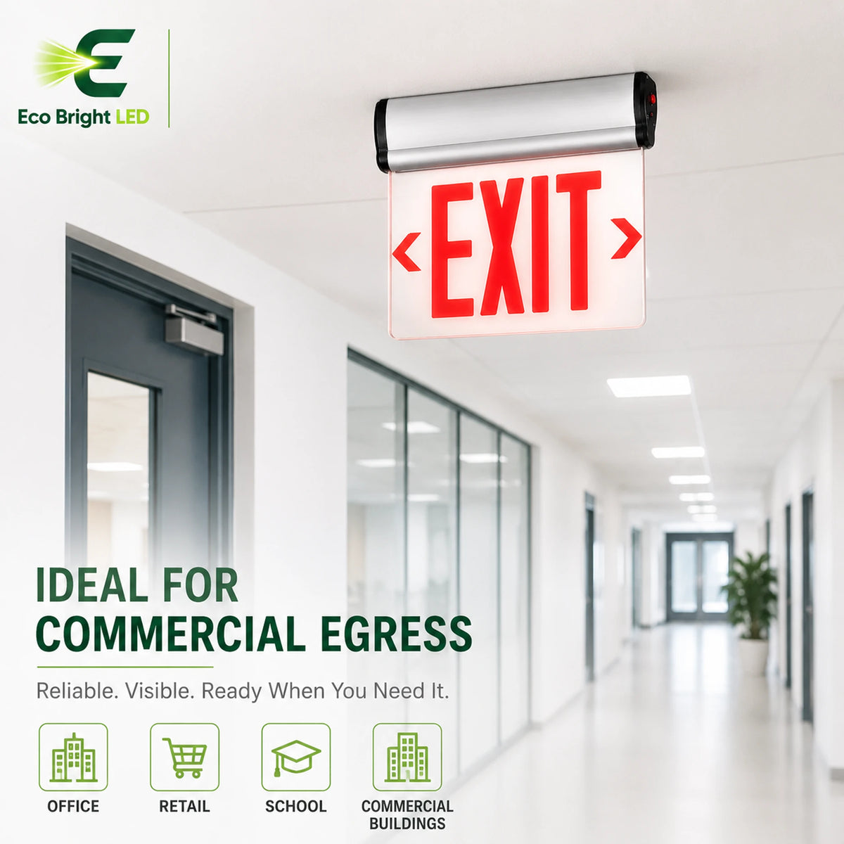 Housing, lens and construction details of 4W Edge-Lit Red Exit Sign for Commercial Egress for durable commercial use.