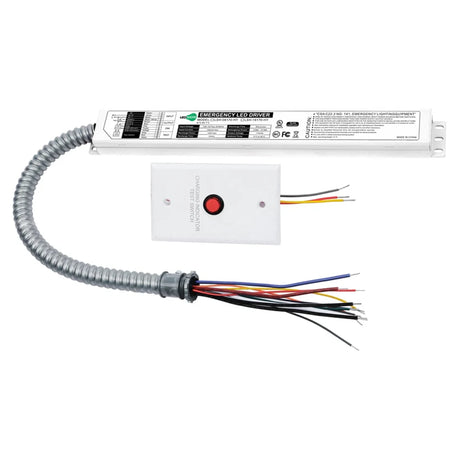 Emergency LED driver with charging indicator, red test switch, conduit, and multiple wiring leads for troffer lighting