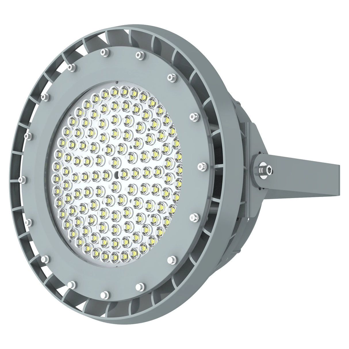 Detailed view of 150W Class 1 Div 2 LED high bay fixture highlighting the massive aluminum alloy cooling fins.