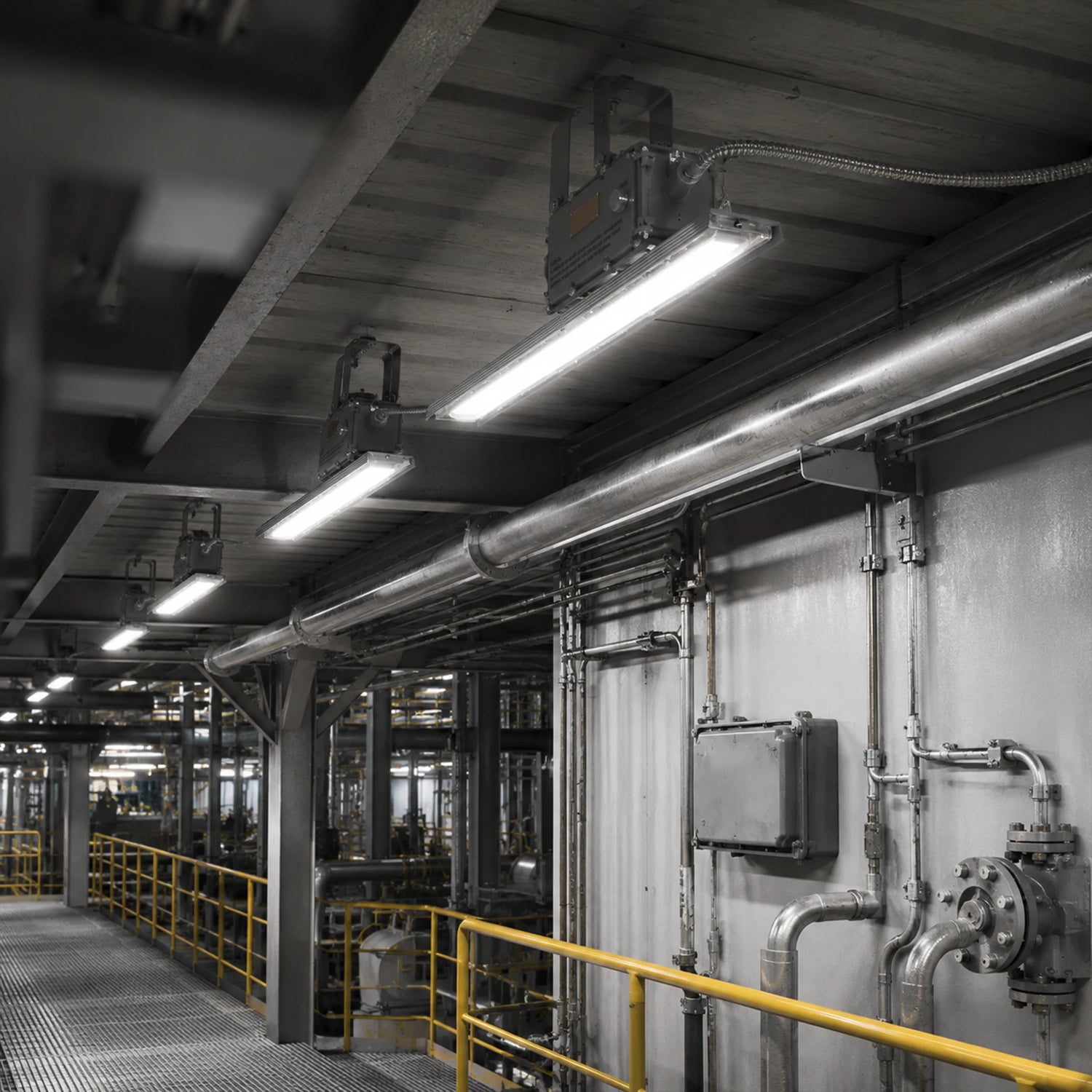 Explosion proof linear LED lights illuminating an industrial corridor with pipes and yellow safety rails