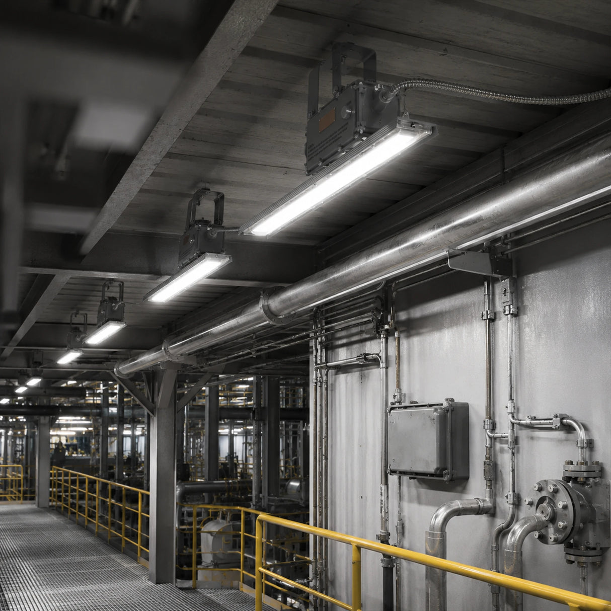 Explosion proof linear LED lights illuminating an industrial corridor with pipes and yellow safety rails