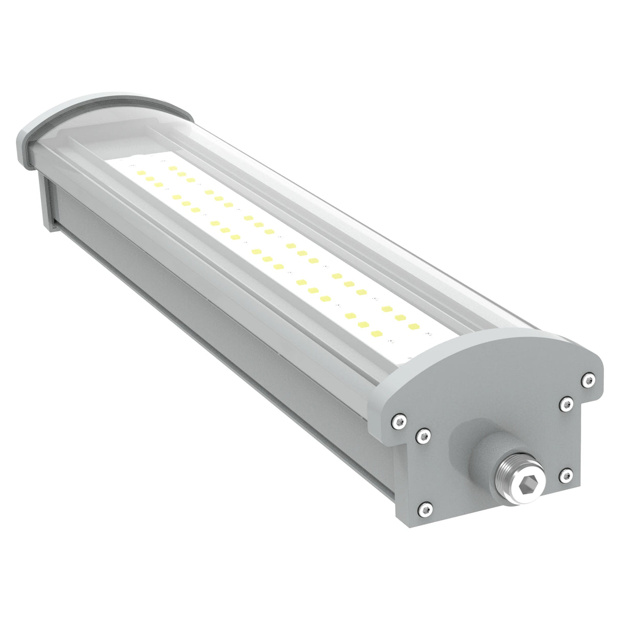 Close-up of the end cap and driver compartment on a 40W Class I Div 2 LED 1x2 linear explosion proof light fixture.
