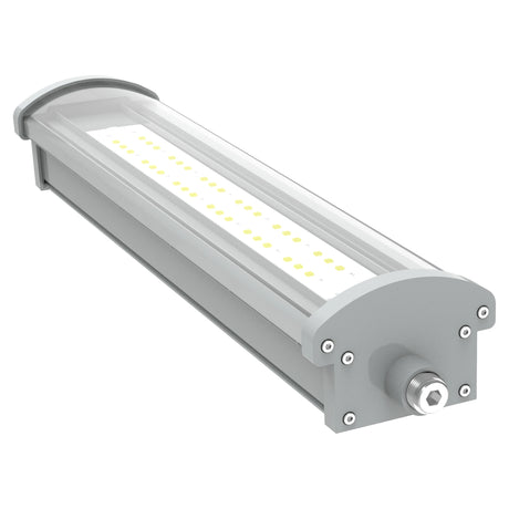 Close-up of the end cap and driver compartment on a 40W Class I Div 2 LED 1x2 linear explosion proof light fixture.
