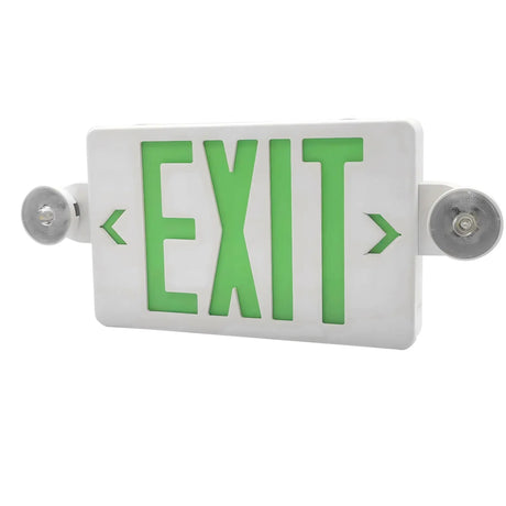 Green LED exit sign combo with directional arrows and dual emergency light heads for commercial egress