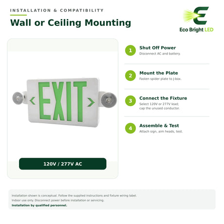 Green LED exit sign combo with adjustable emergency heads for wall or ceiling mounting, 120V or 277V AC