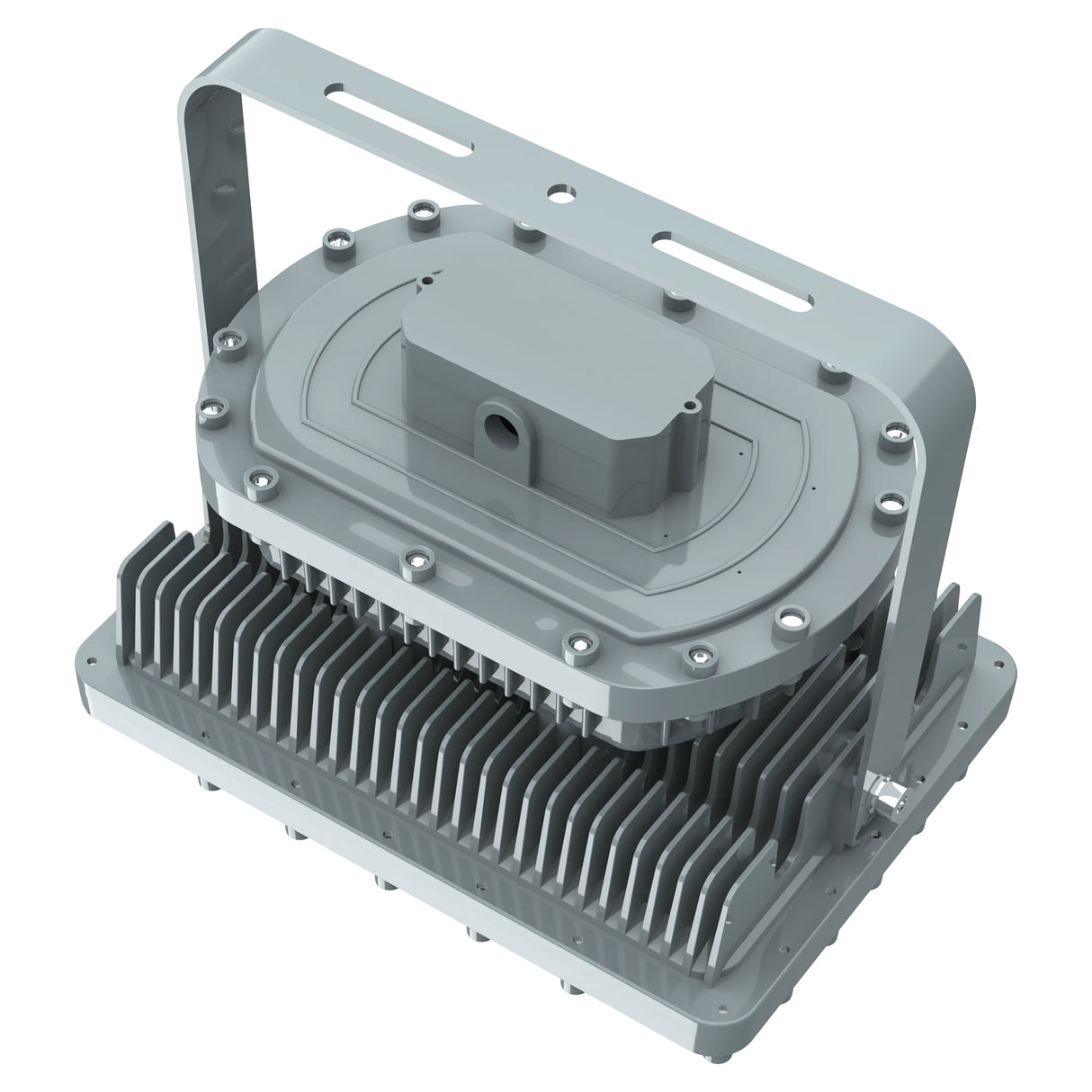 Top detail of the explosion proof driver housing on a 100W Class I Div 1 LED square flood light for industrial safety.