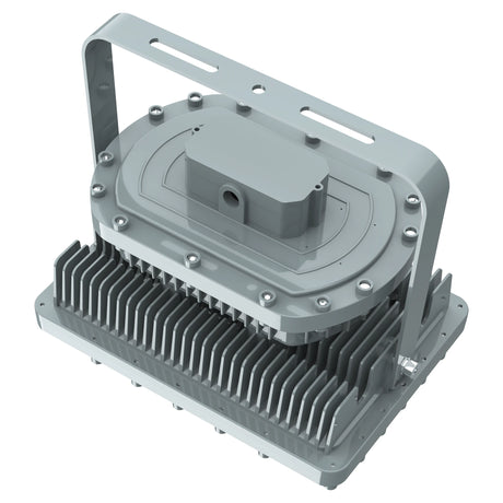 Top detail of the explosion proof driver housing on a 100W Class I Div 1 LED square flood light for industrial safety.