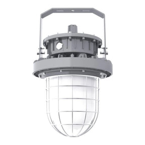 100W C1D1 explosion proof LED round high bay, 13,500lm 5000K, with protective globe glass for hazardous area lighting.