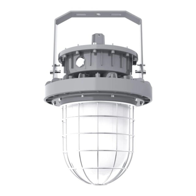 100W C1D1 explosion proof LED round high bay, 13,500lm 5000K, with protective globe glass for hazardous area lighting.
